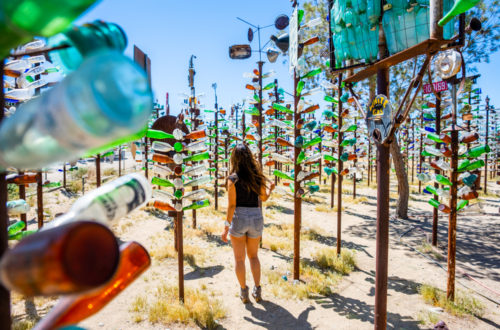 girl posing away from camera in the middle of the bottle trees