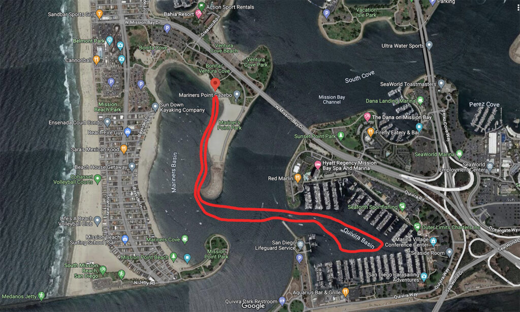 Marina Village Route for kayaking at Mission Bay, San Diego, CA