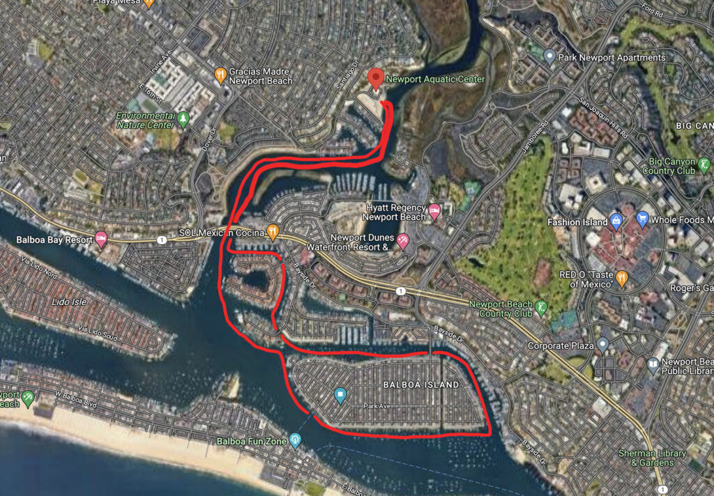 Map for Balboa Island Route for kayaking at Newport Bay | Newport Beach, CA
