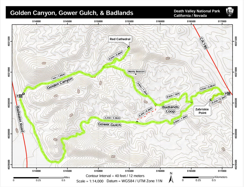 Full Golden Canyon Loop Trail Map in Death Valley National Park